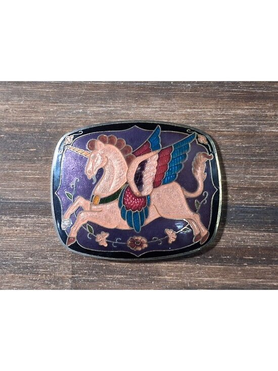 Other - Vintage Winged Unicorn Belt Buckle Epic Cloisonne Enamel Purple Alicorn Mythical